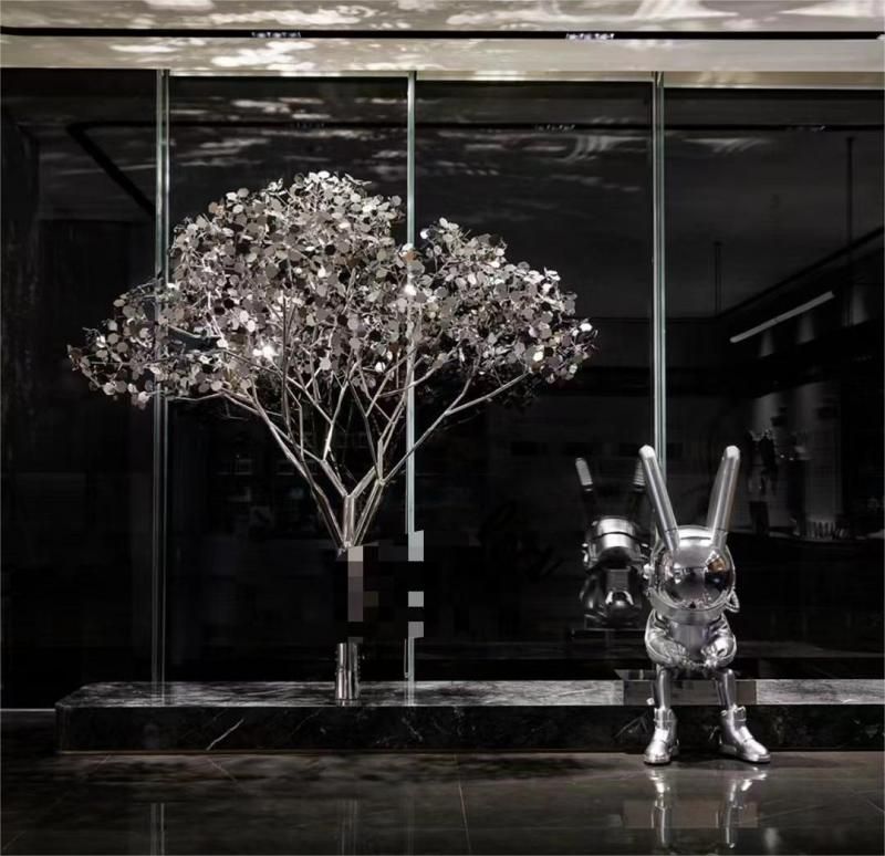 Metal tree and astronaut sculpture modern stainless steel art decoration DZ-171