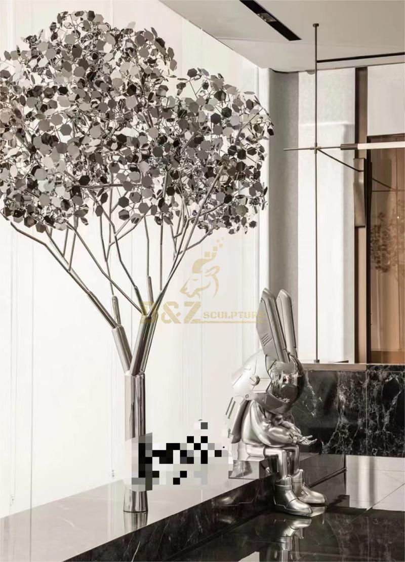 Metal tree and astronaut sculpture modern stainless steel art decoration DZ-171