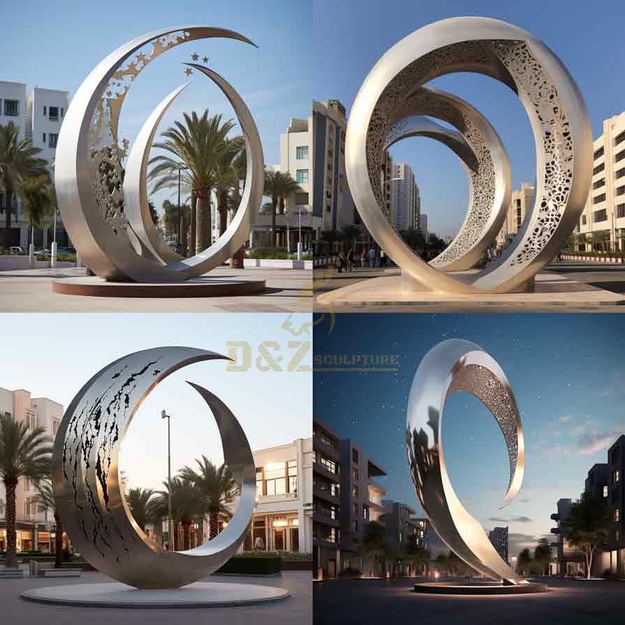 Large outdoor crescent scimitar metal sculpture