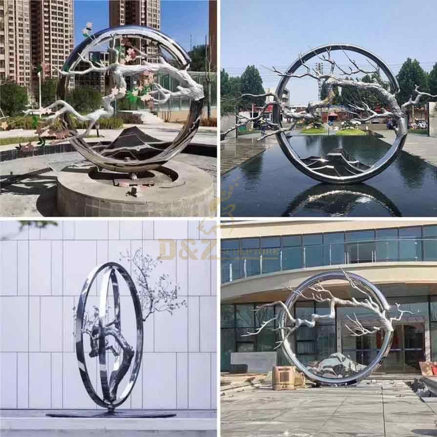 Large metal ring and tree sculpture for garden square decor DZ-300