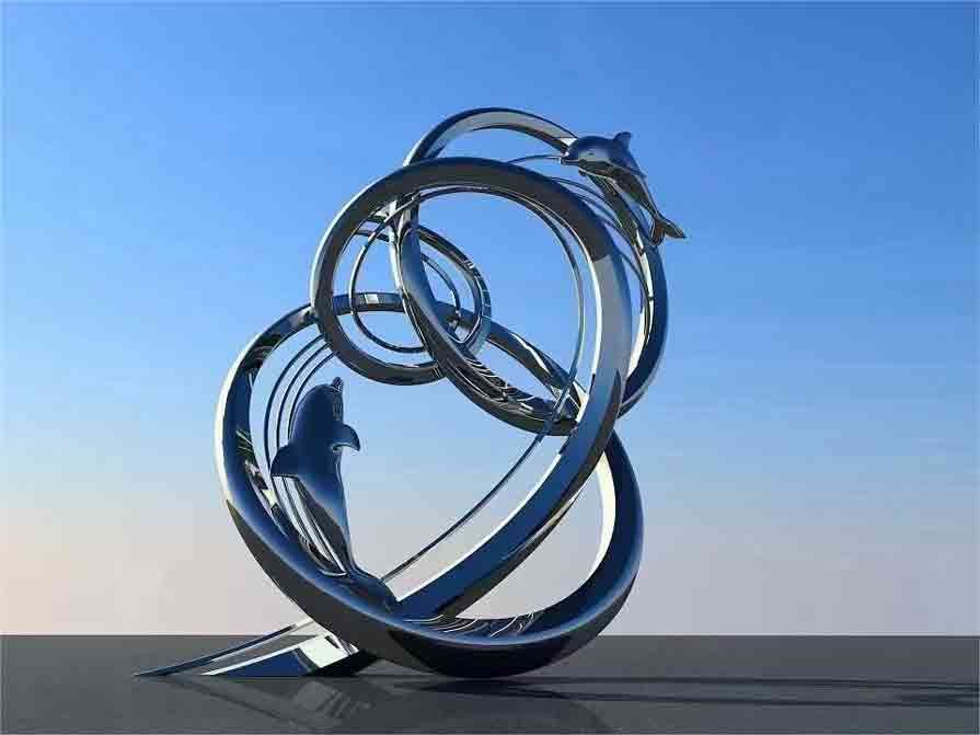 Stainless steel dolphin chasing waves metal art sculpture modern abstract design DZ-306