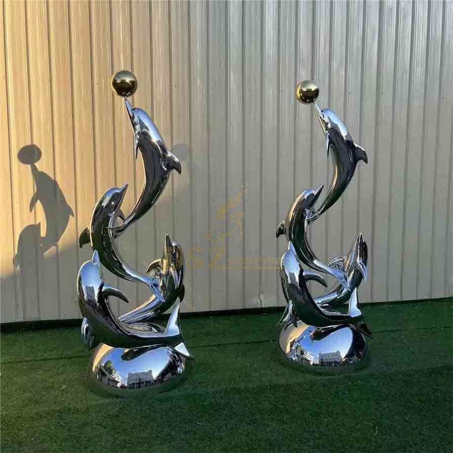 Stainless steel dolphin chasing waves metal art sculpture modern abstract design DZ-306