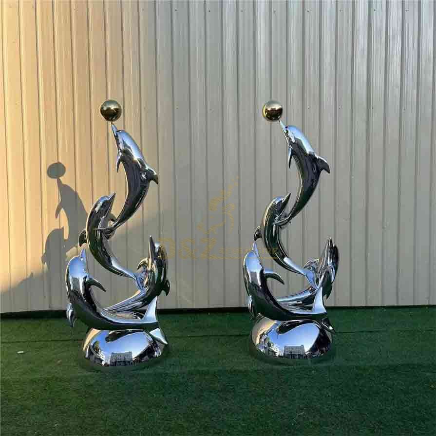 Stainless steel dolphin chasing waves metal art sculpture modern abstract design DZ-306
