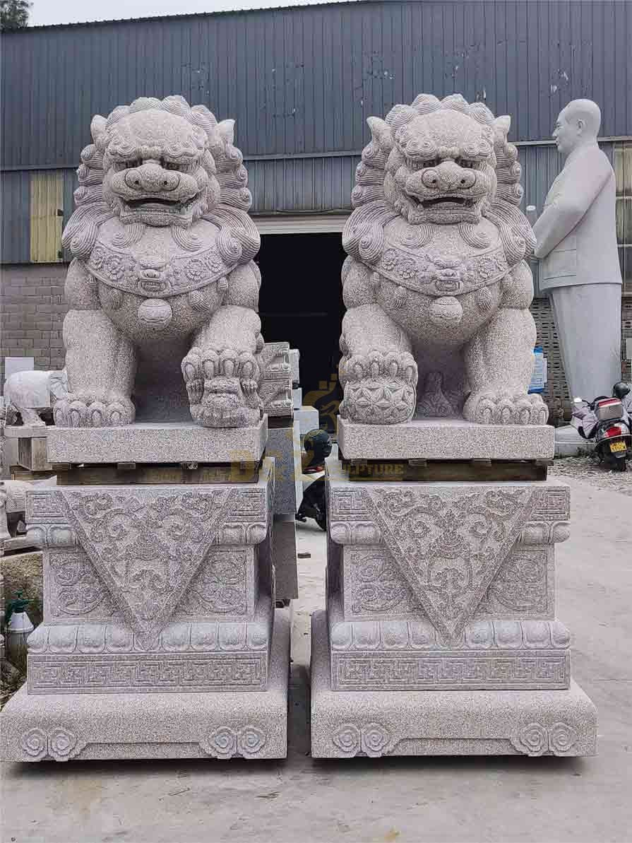 pair of chinese guardian stone lion foo dog statues for sale front view