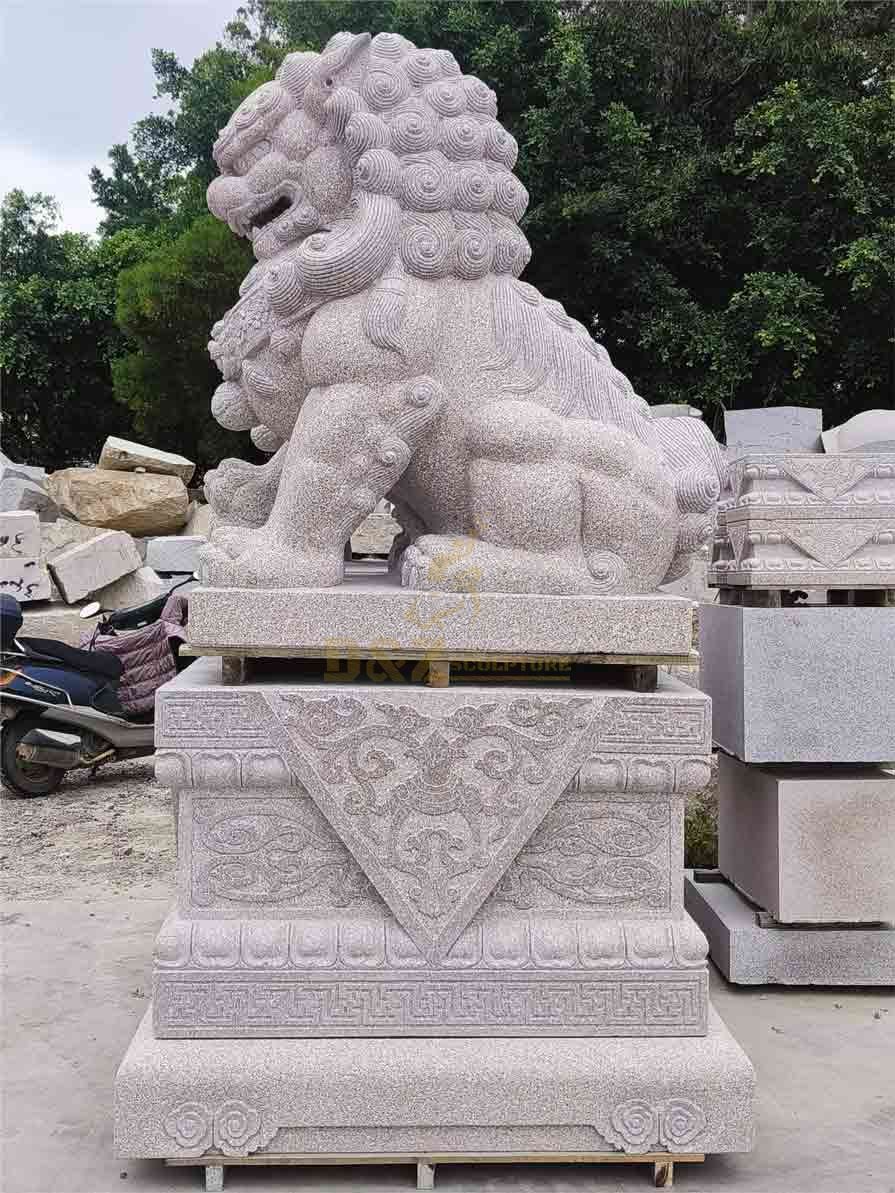Pair of Chinese guardian stone lion foo dog statues for sale side view