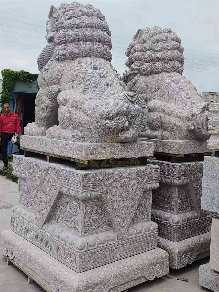 pair of Chinese guardian stone lion foo dog statues for sale back view