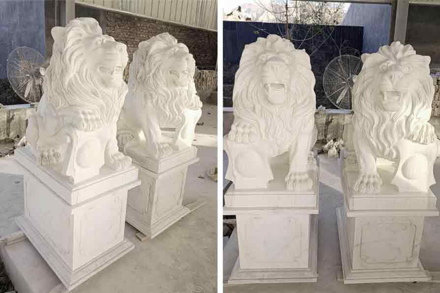 Outdoor seated stone lion statue for sale guarding the entrance DZ-318