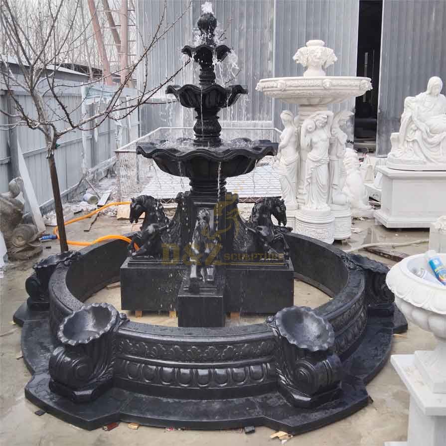 Outdoor black granite stone garden horse fountain sculpture for sale DZ-346