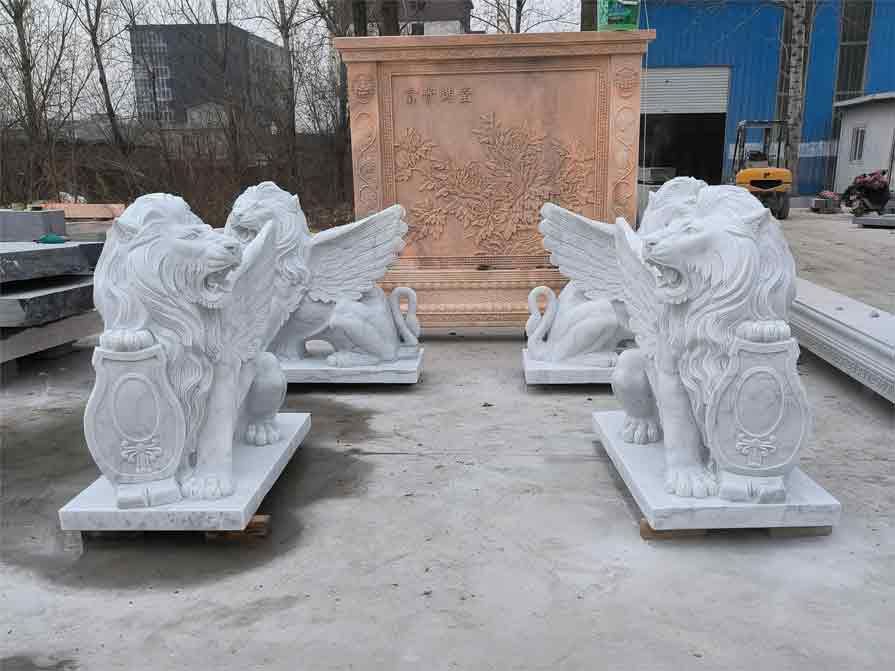 Outdoor white marble winged lion statue pair for sale DZ-358