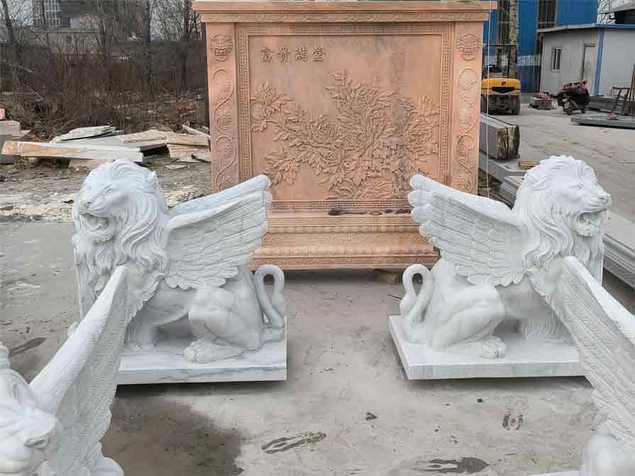 Outdoor white marble winged lion statue pair for sale DZ-358