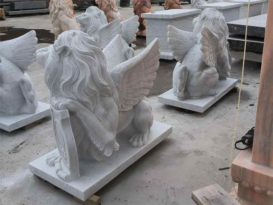 Outdoor white marble winged lion statue pair for sale DZ-358