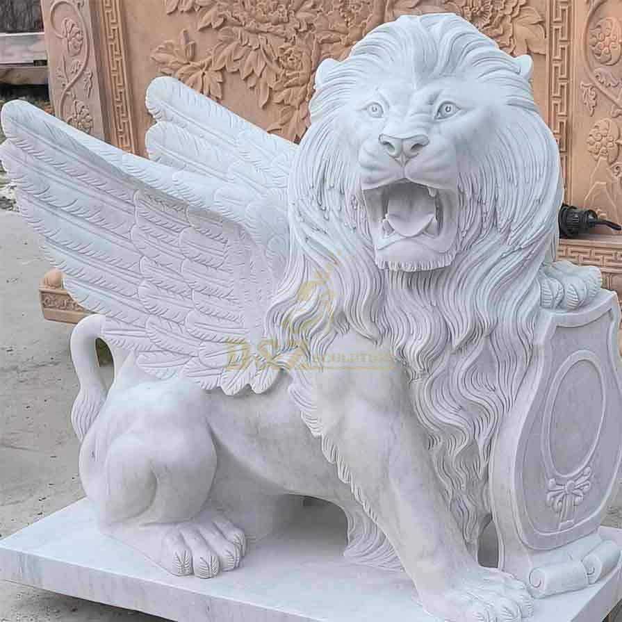 Outdoor white marble winged lion statue pair for sale DZ-358