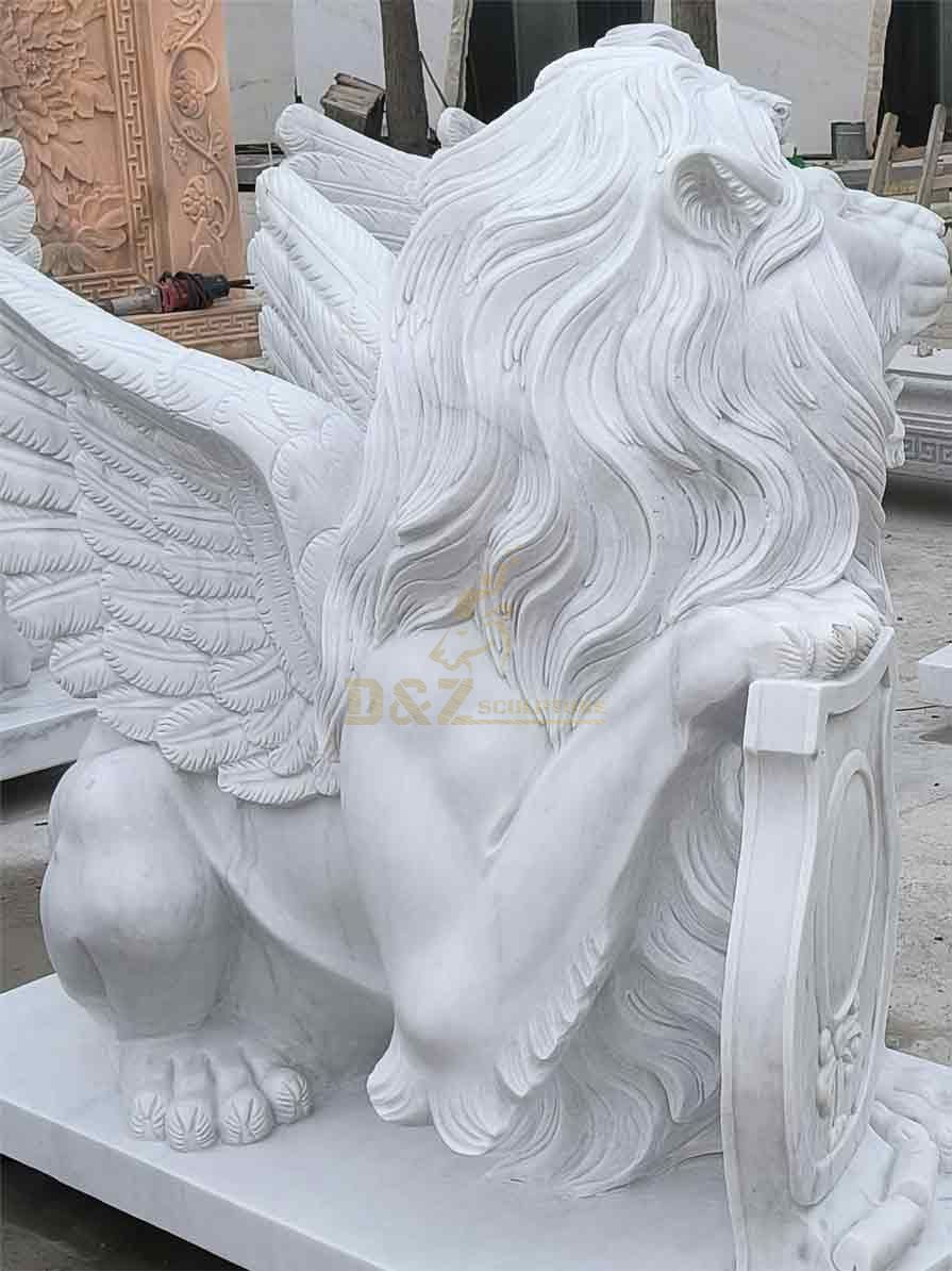 Outdoor white marble winged lion statue pair for sale DZ-358