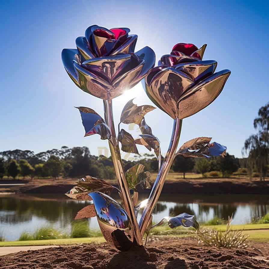 Plated colored metal rose sculpture love in the garden DZ-362