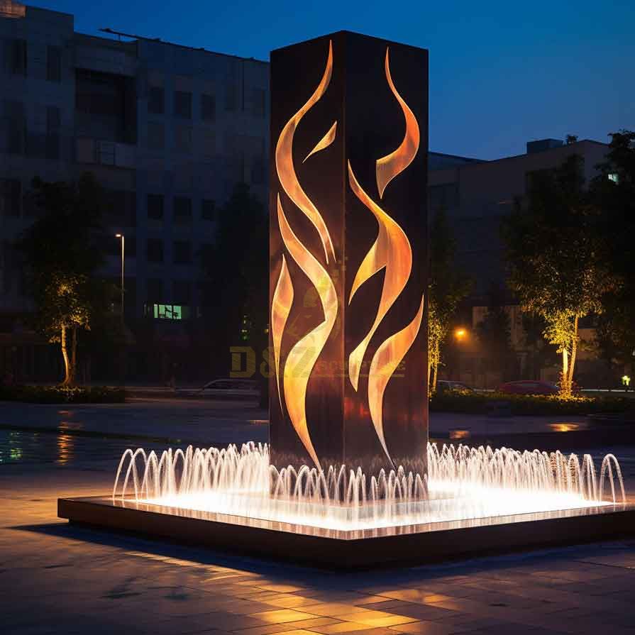 Large outdoor corten steel flame fountain sculpture, hollow design, built-in lighting DZ-364