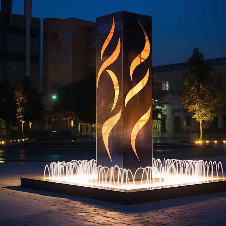 Large outdoor corten steel flame fountain sculpture, hollow design, built-in lighting DZ-364