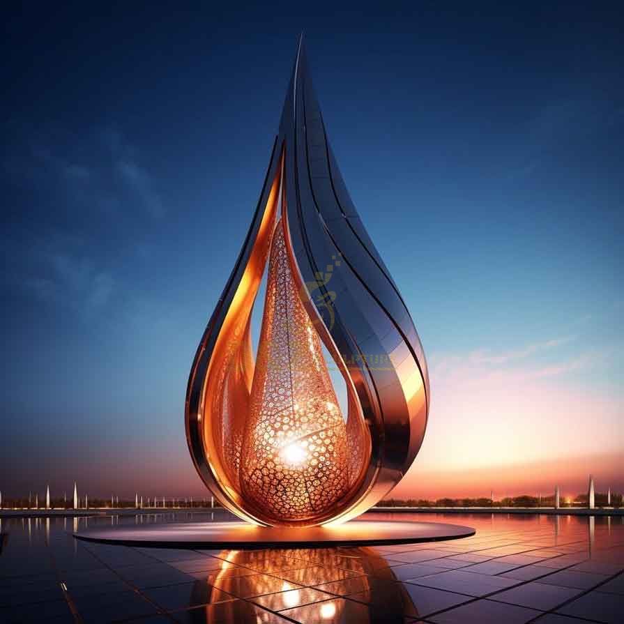 Customized large modern hollow metal water drop art sculpture for future square DZ-366