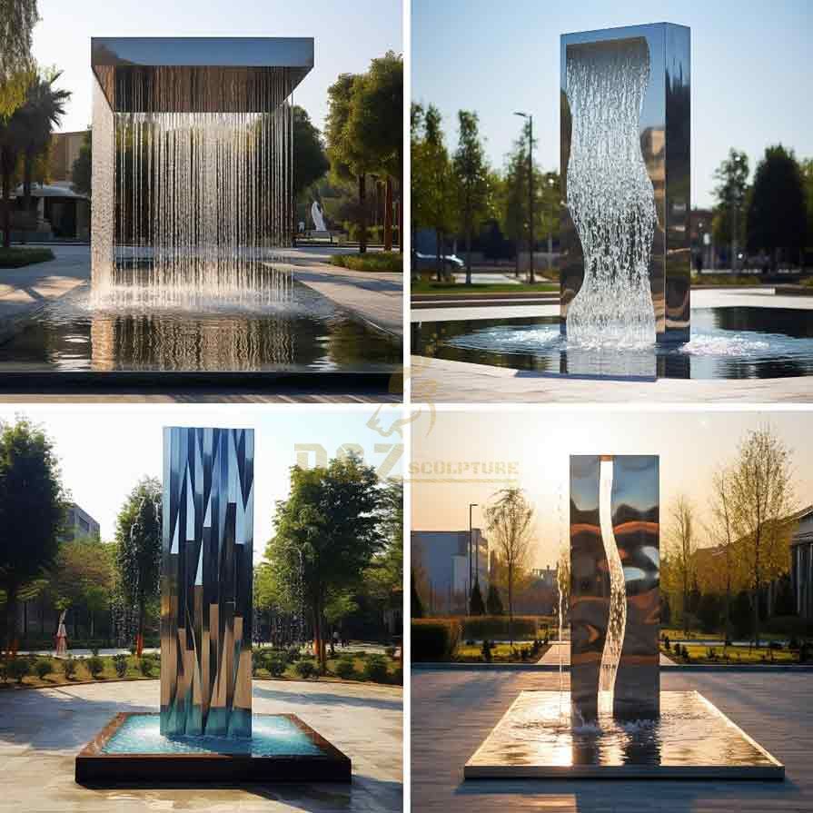 Large stainless steel rectangular outdoor fountain sculpture for sale