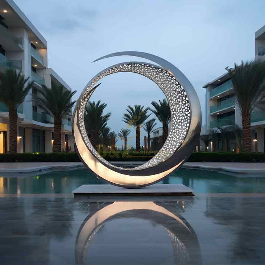 Customized large metal moon art sculpture with circle hollow design DZ-389