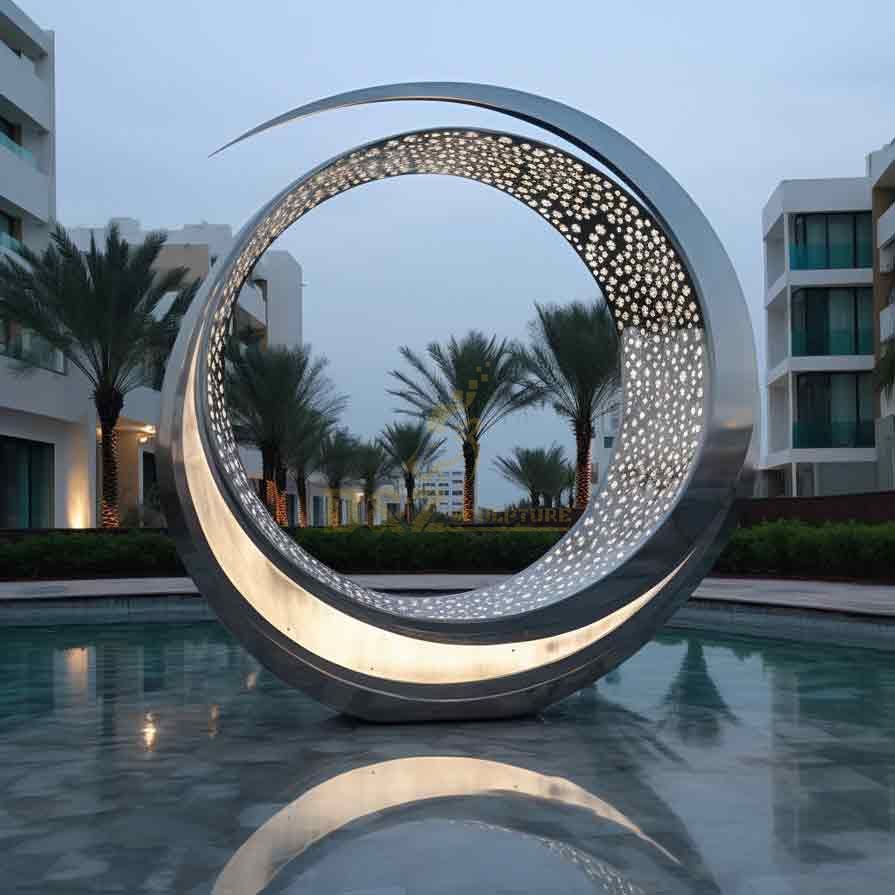 Customized large metal moon art sculpture with circle hollow design DZ-389