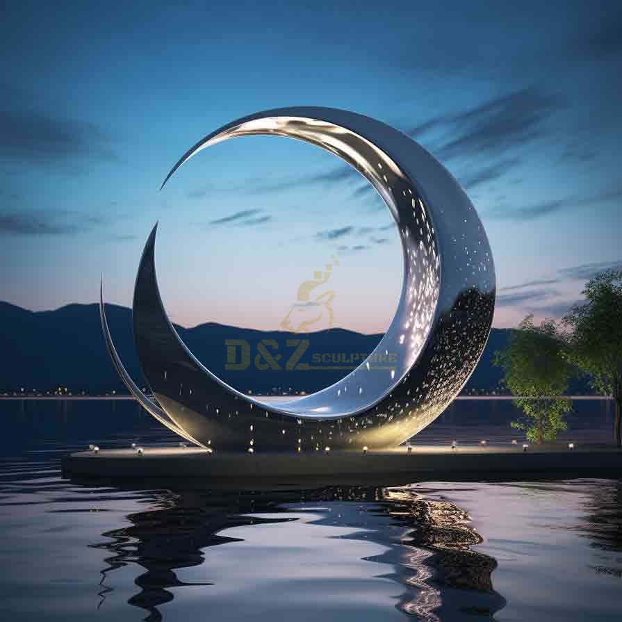 Large Stainless Steel Crescent Moon Sculpture with Lights 1