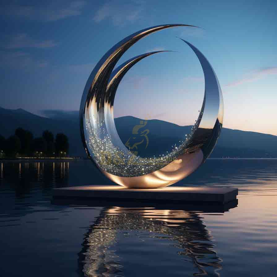 Large Stainless Steel Crescent Moon Sculpture with Lights 5