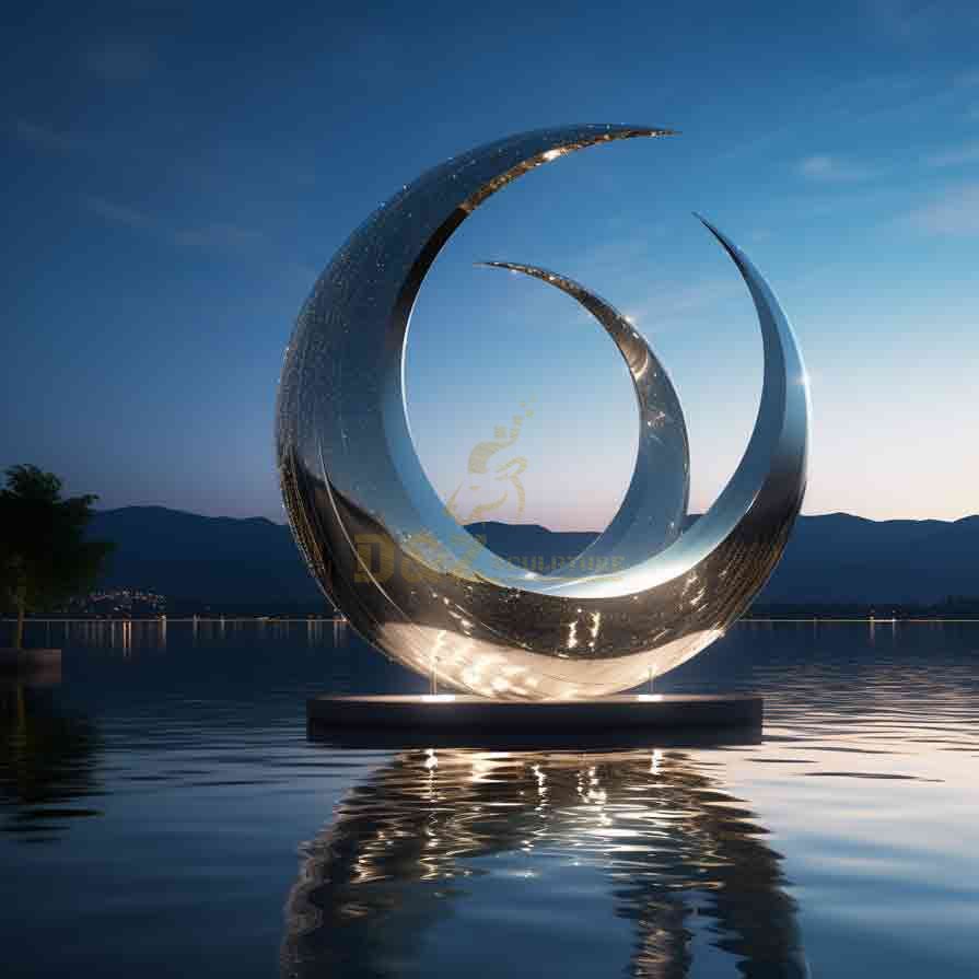 Large Stainless Steel Crescent Moon Sculpture with Lights 6