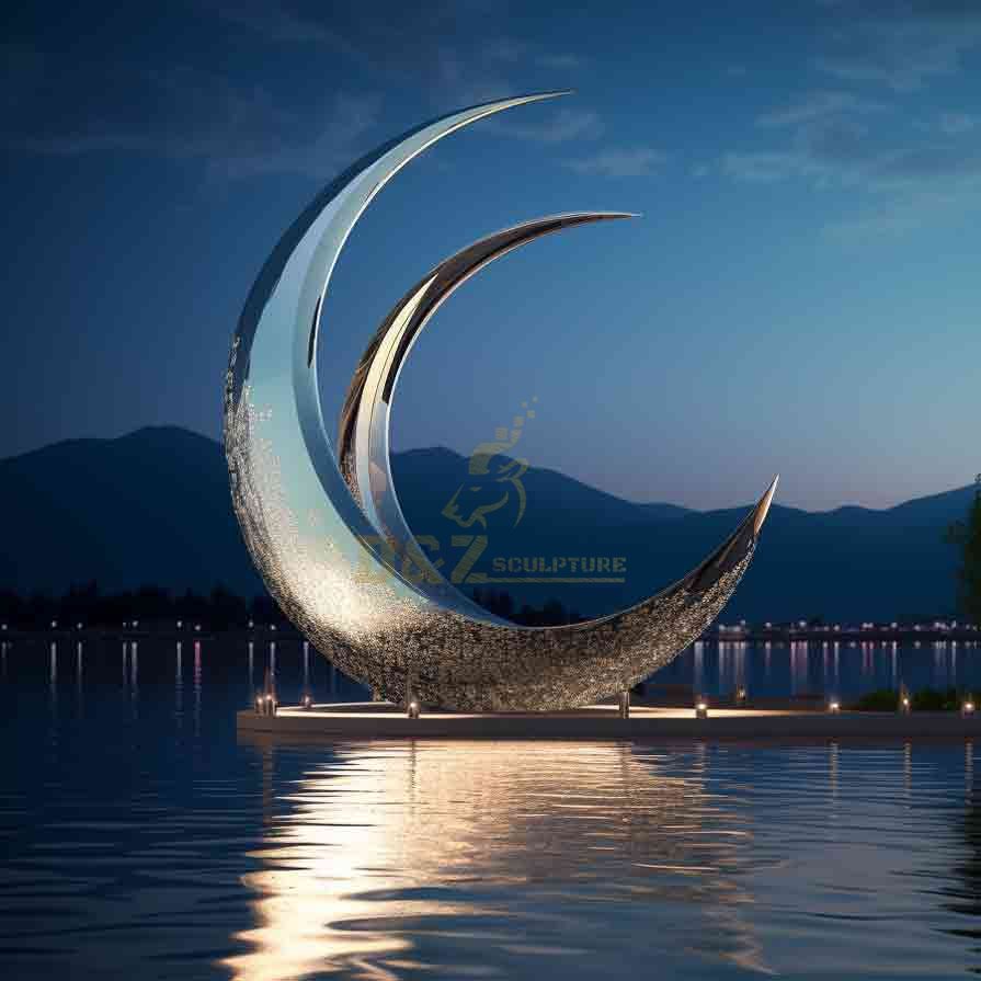Large Stainless Steel Crescent Moon Sculpture with Lights 7