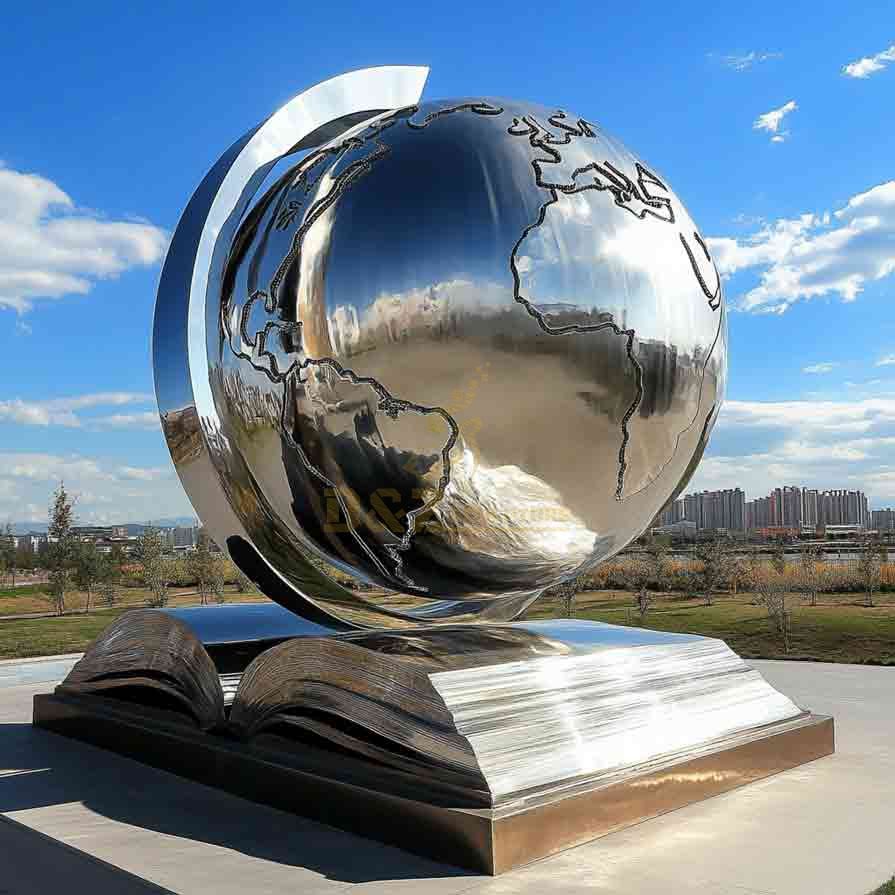 Large Metal Globe Sculpture with Book | Garden Sphere Sculpture 2
