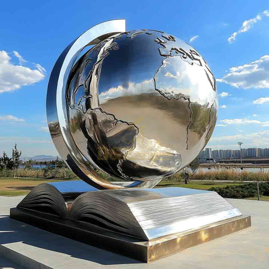 Large Metal Globe Sculpture with Book | Garden Sphere Sculpture 3