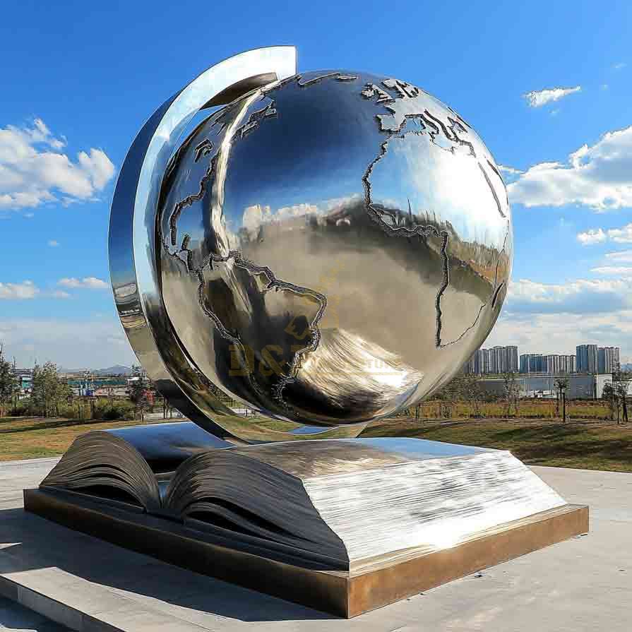 Large Metal Globe Sculpture with Book | Garden Sphere Sculpture 4