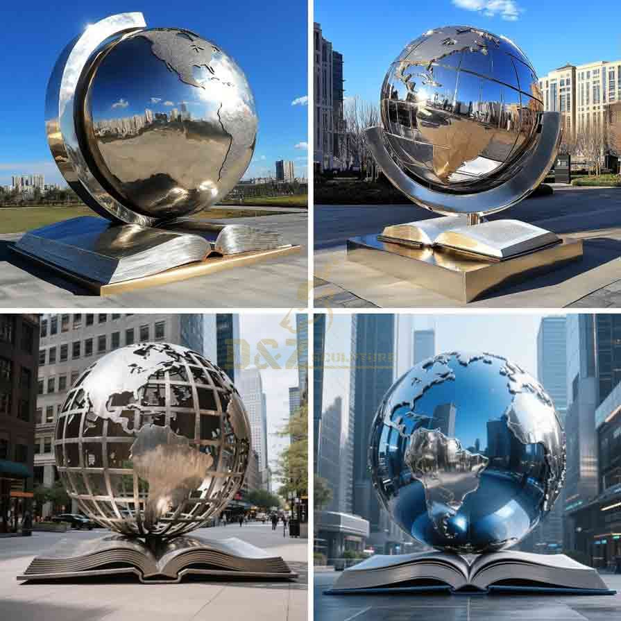 Large Metal Globe Sculpture with Book | Garden Sphere Sculpture 6