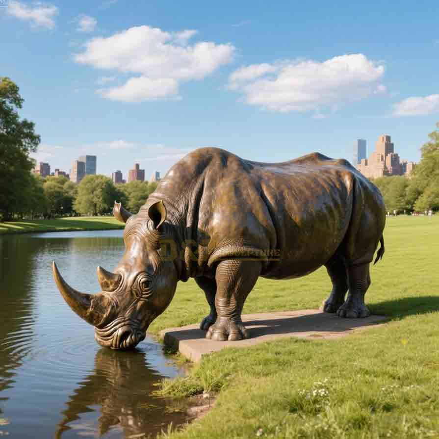 Life Size Drinking Water Bronze Rhino Statue For Sale 1