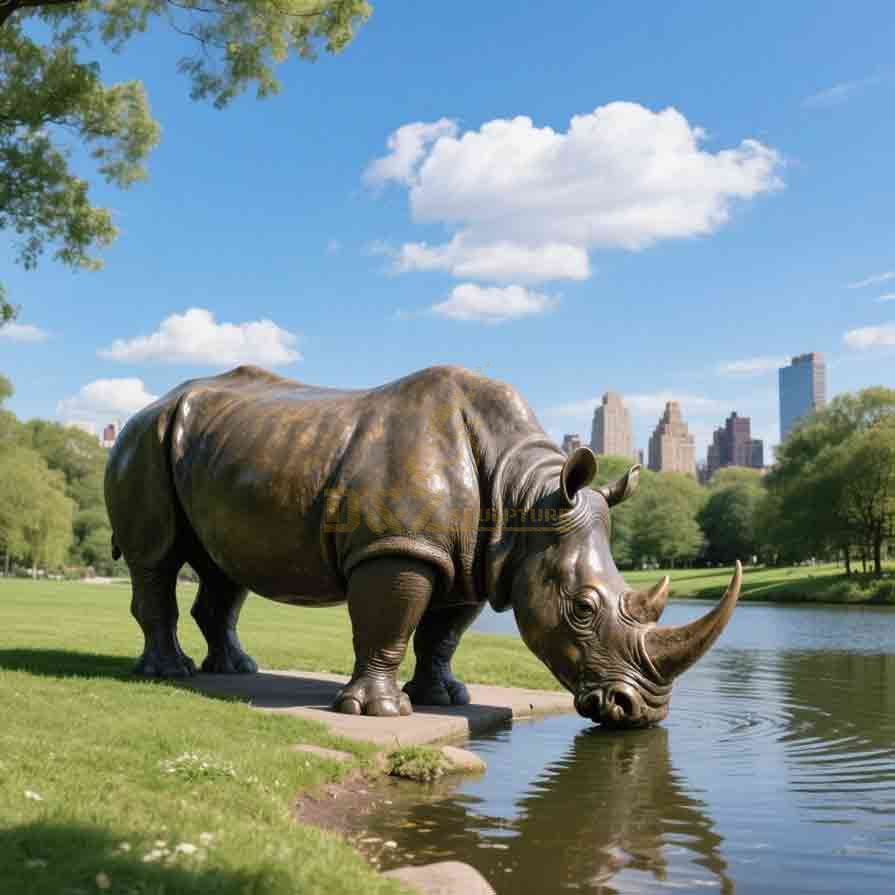 Life Size Drinking Water Bronze Rhino Statue For Sale 3