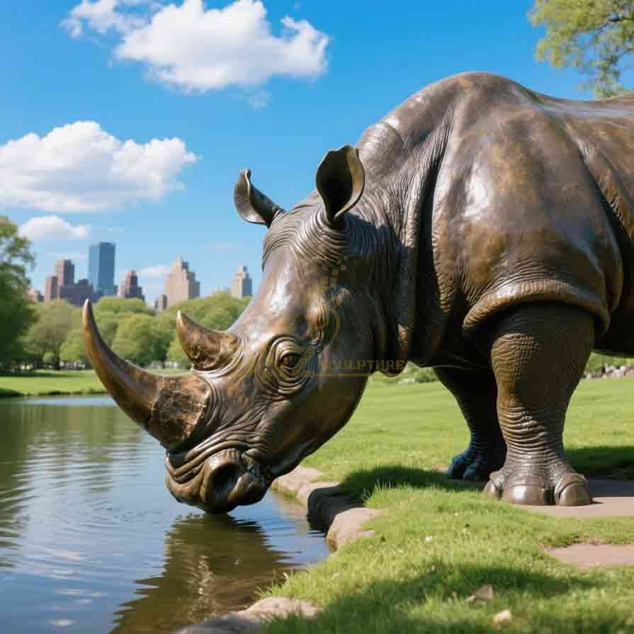 Life Size Drinking Water Bronze Rhino Statue For Sale 4