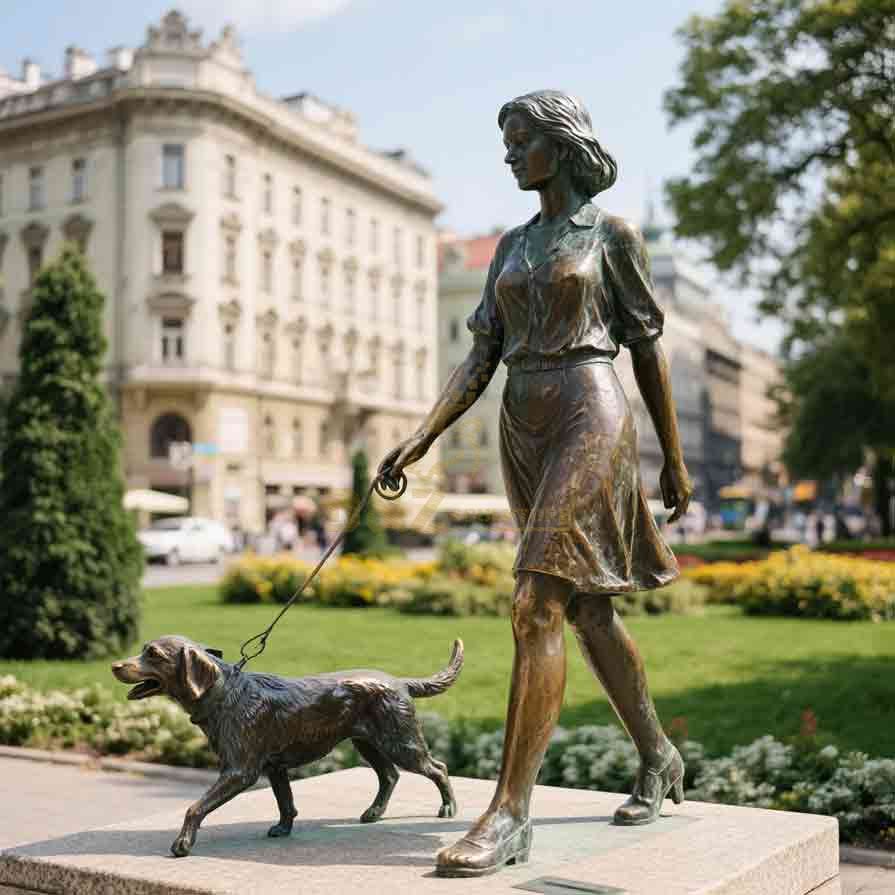 Bronze Statue of Woman Walking Dog | Garden Decor 2