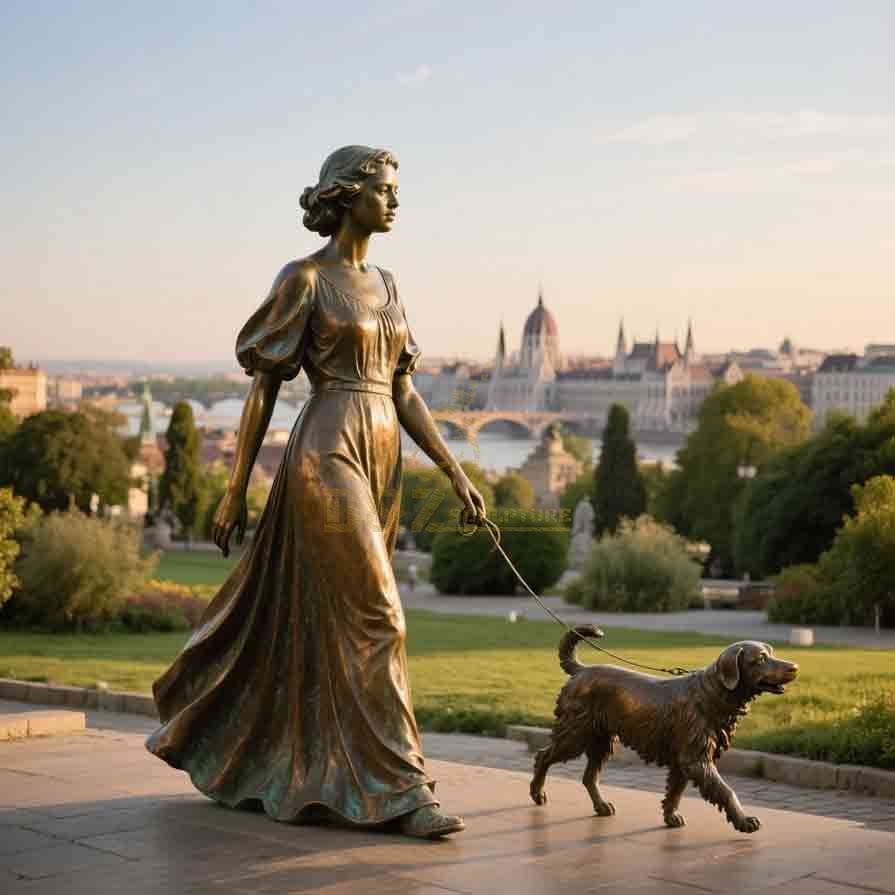 Bronze Statue of Woman Walking Dog | Garden Decor 4