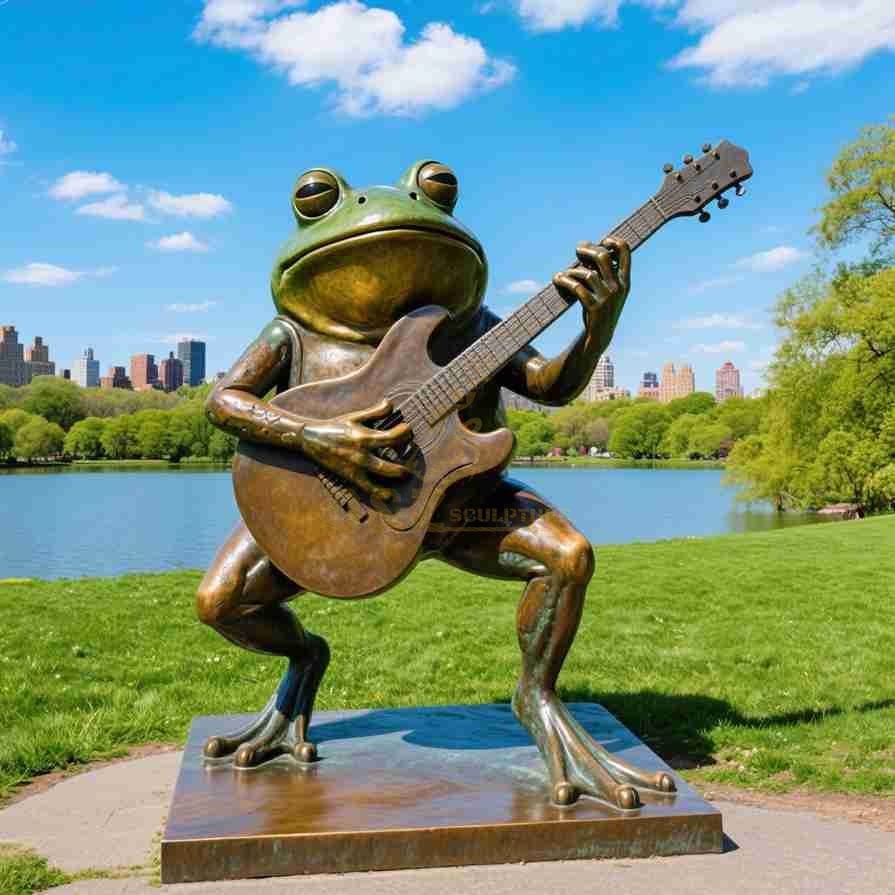Large Funny Bronze Frog Garden Statue Playing Guitar 5
