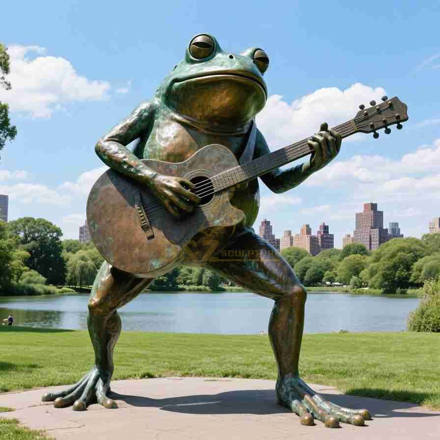 Large Funny Bronze Frog Garden Statue Playing Guitar 6