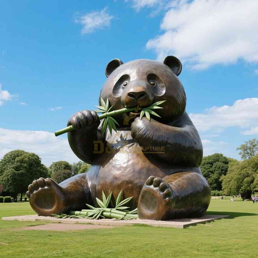 Large Bronze Garden Panda Statue | Eating Bamboo 1