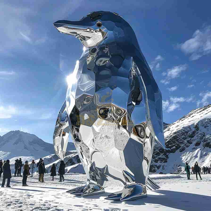 Large Glossy Metal Penguin Sculpture | Geometric Art Decor 1