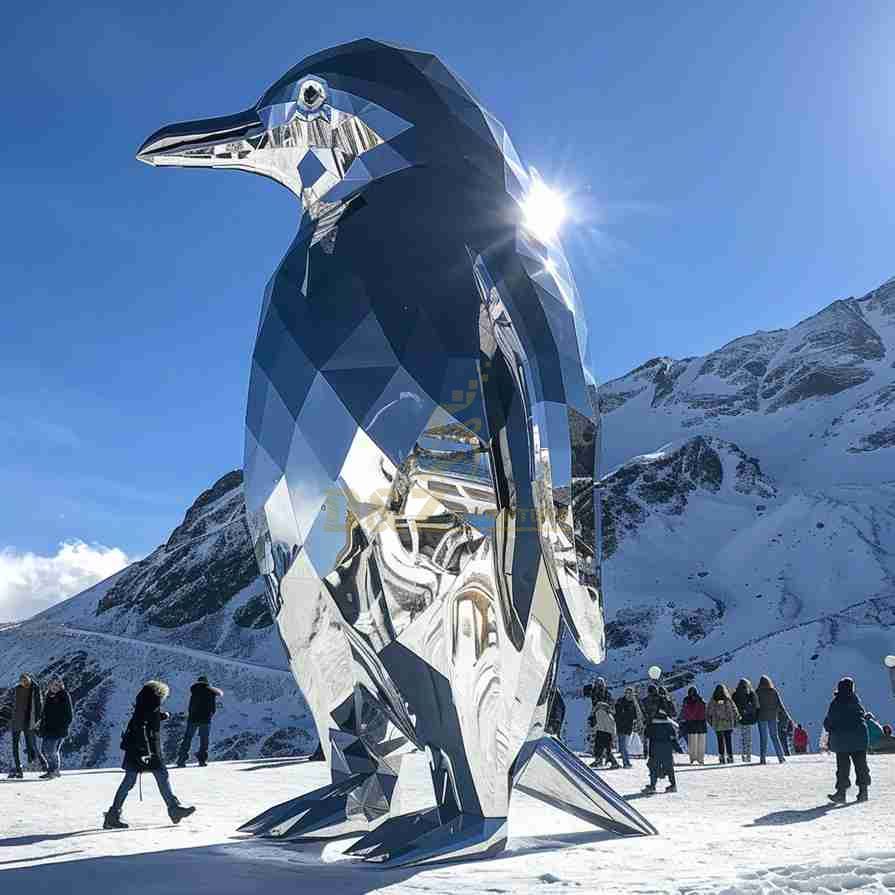 Large Glossy Metal Penguin Sculpture | Geometric Art Decor 2
