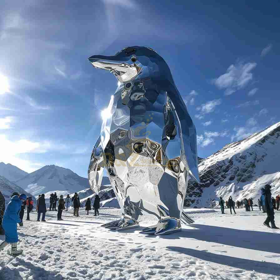 Large Glossy Metal Penguin Sculpture | Geometric Art Decor 3