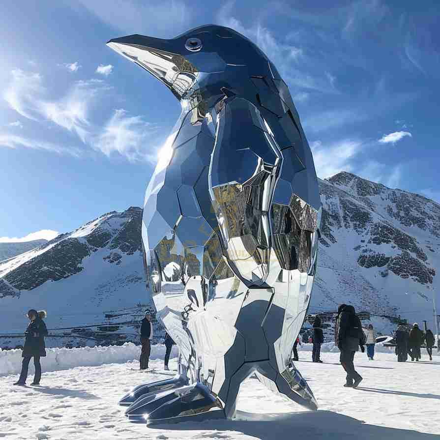 Large Glossy Metal Penguin Sculpture | Geometric Art Decor 4