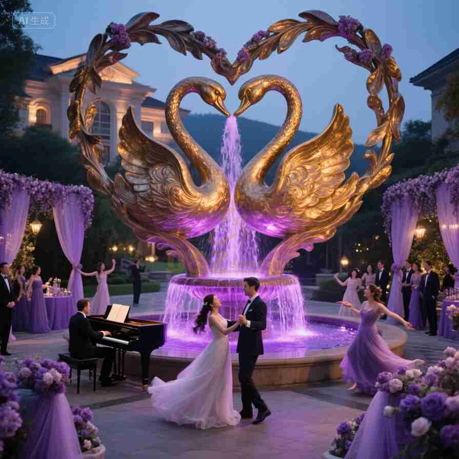 Large Golden Metal Heart-Shaped Swan Fountain | Hotel  Wedding Decor 1