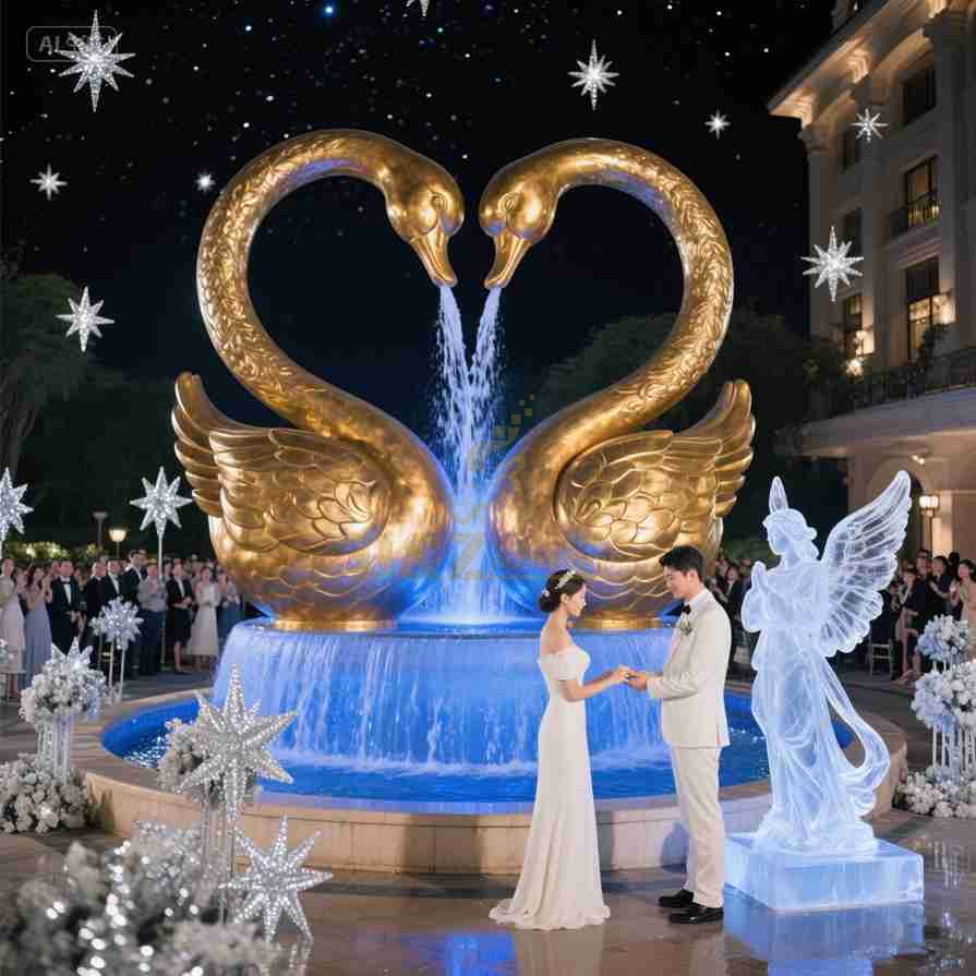 Large Golden Metal Heart-Shaped Swan Fountain | Hotel Wedding Decor 6