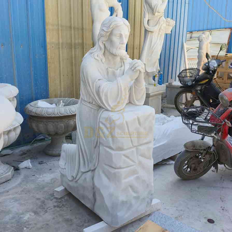 Life Size White Marble Jesus Kneeling in Prayer Statue 2
