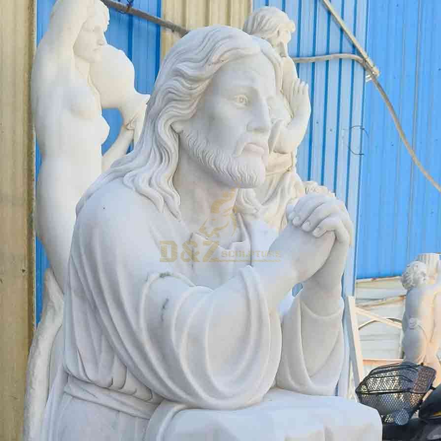 Life Size White Marble Jesus Kneeling in Prayer Statue 6
