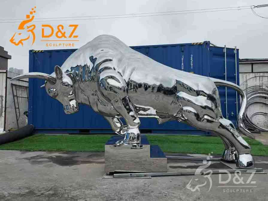Polished Stainless Steel Charging Bull Sculpture for Sale 1