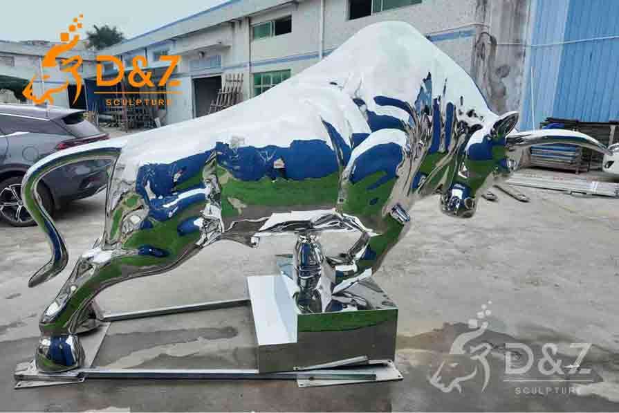 Polished Stainless Steel Charging Bull Sculpture for Sale 2